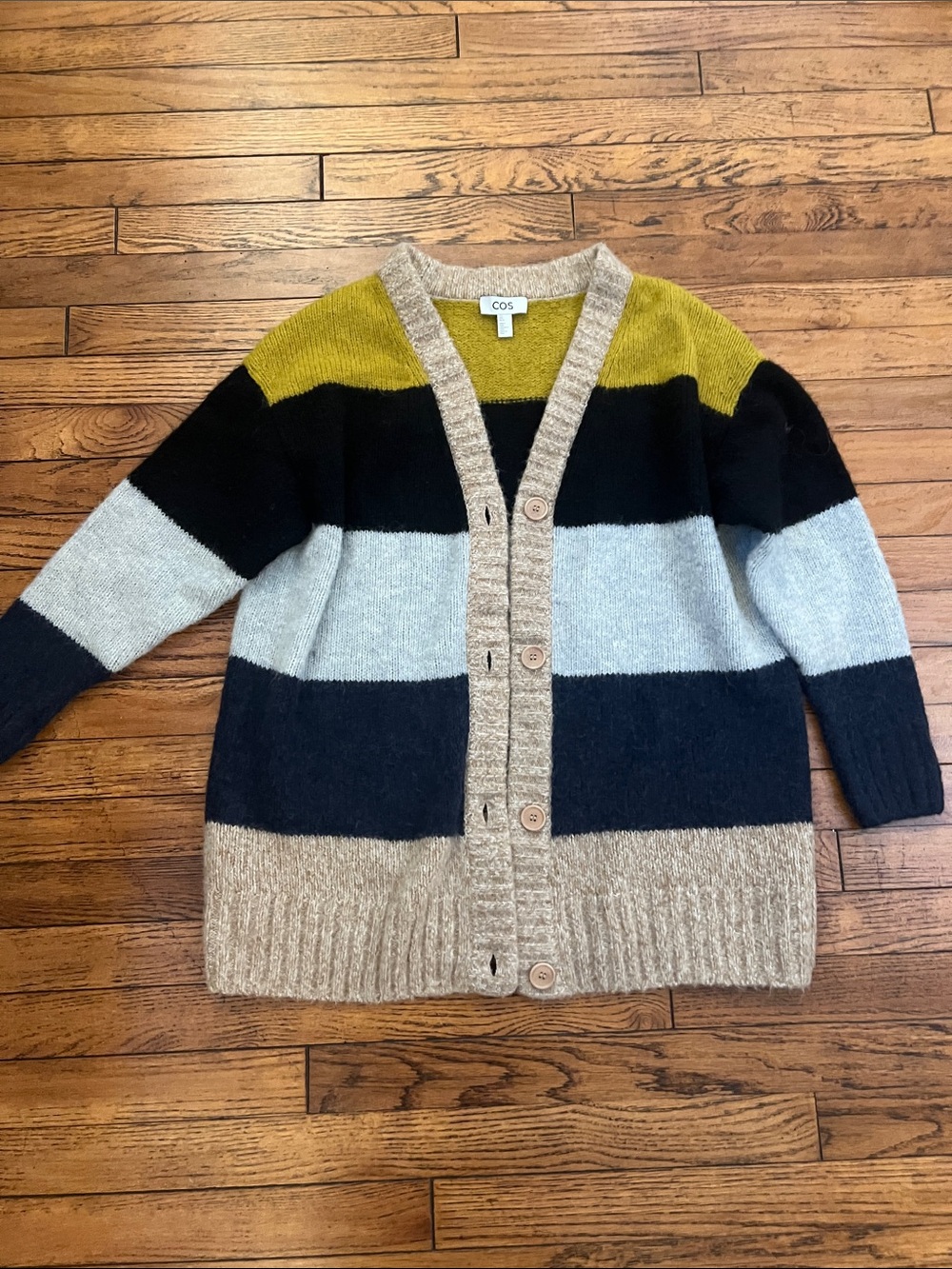 COS Striped Button-Front Cardigan in Olive, Black, Light Gray, and Tan